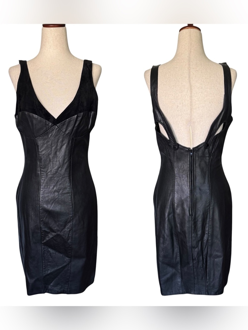 Vintage 80s Firenze Fitted Bodycon Leather Suede Dress Cutout Back S/M